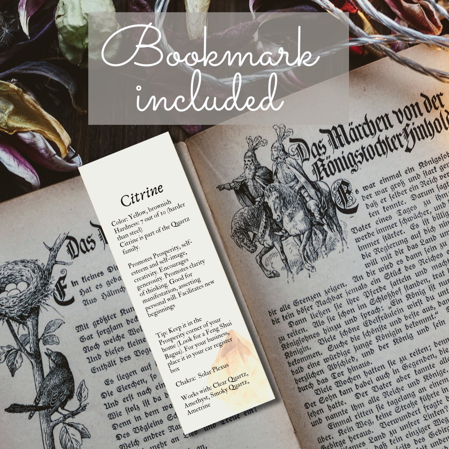 a bookmark with printed description of the crystal is included