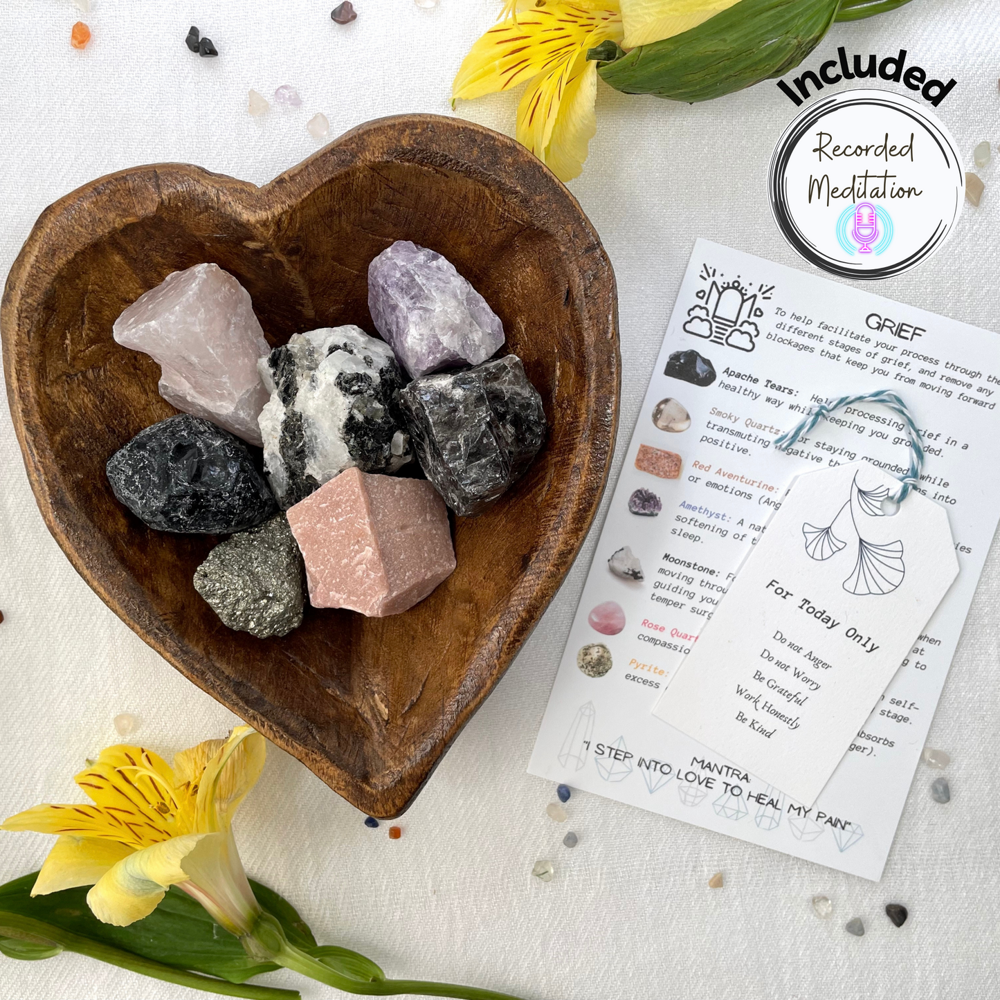 Overcoming Grief: Crystal Set with Wooden Bowl and Guided Meditation | Bereavement Gift | Sympathy Set | Crystals For Self Care