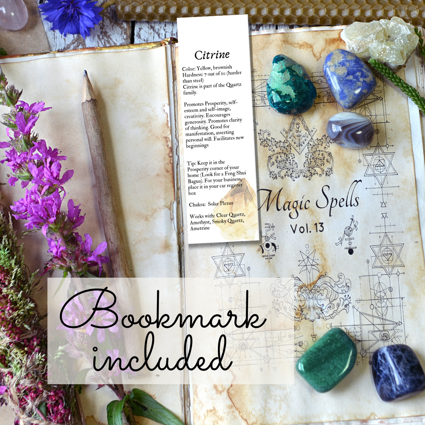 Includes a printed bookmark, with information about the crystal