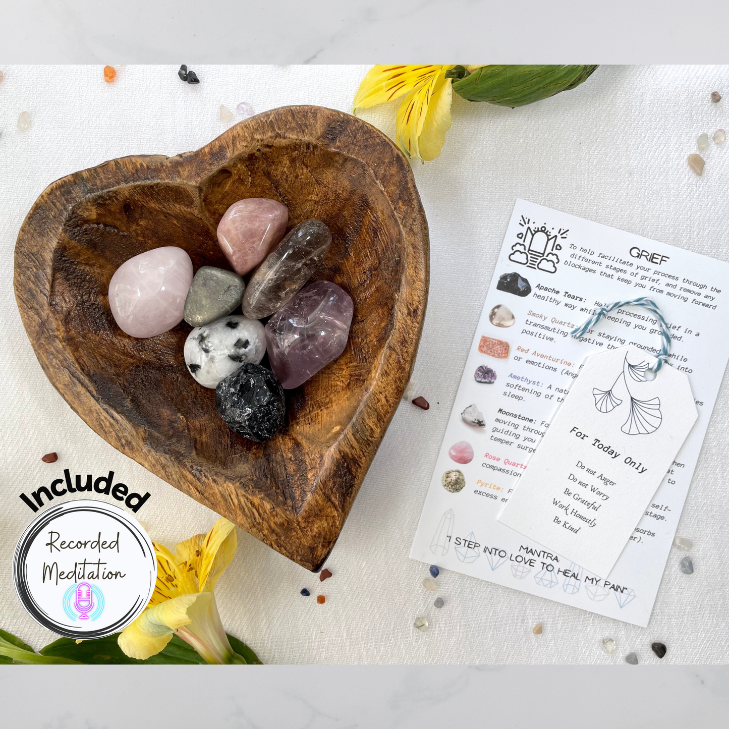 Overcoming Grief: Crystal Set with Wooden Bowl and Guided Meditation | Bereavement Gift | Sympathy Set | Crystals For Self Care