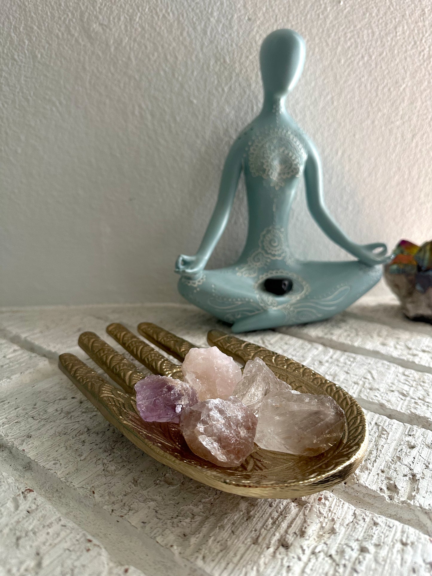 Gold Metal Hand Trinket Dish and Quartz Crystals