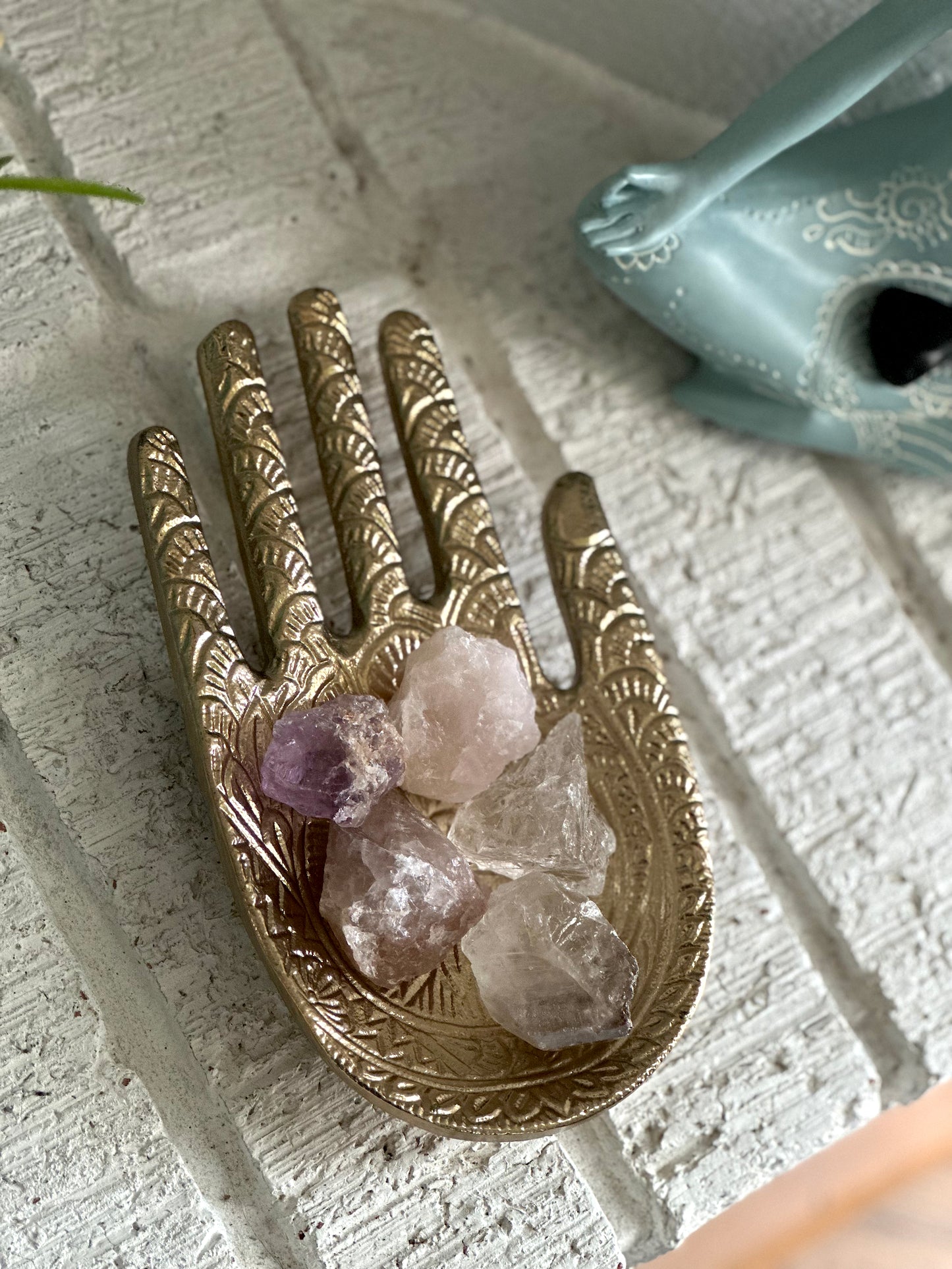 Gold Metal Hand Trinket Dish and Quartz Crystals