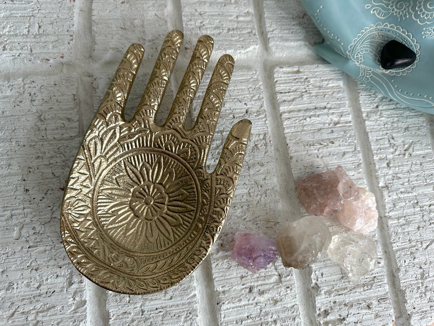 Gold Metal Hand Trinket Dish and Quartz Crystals