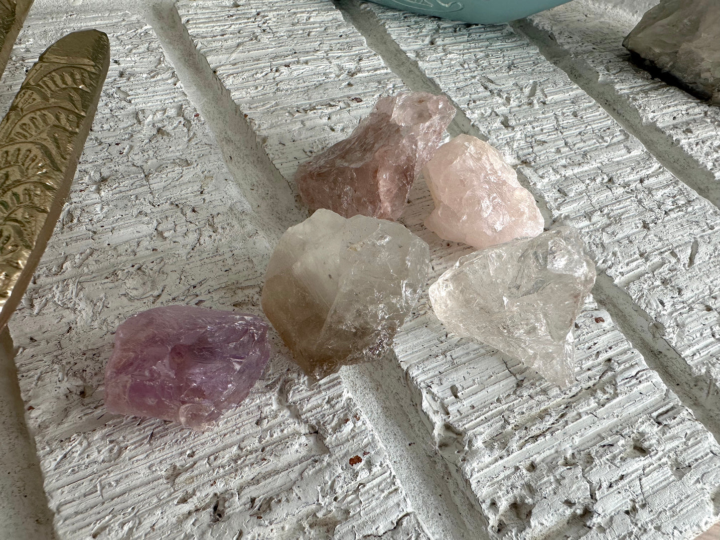 Gold Metal Hand Trinket Dish and Quartz Crystals