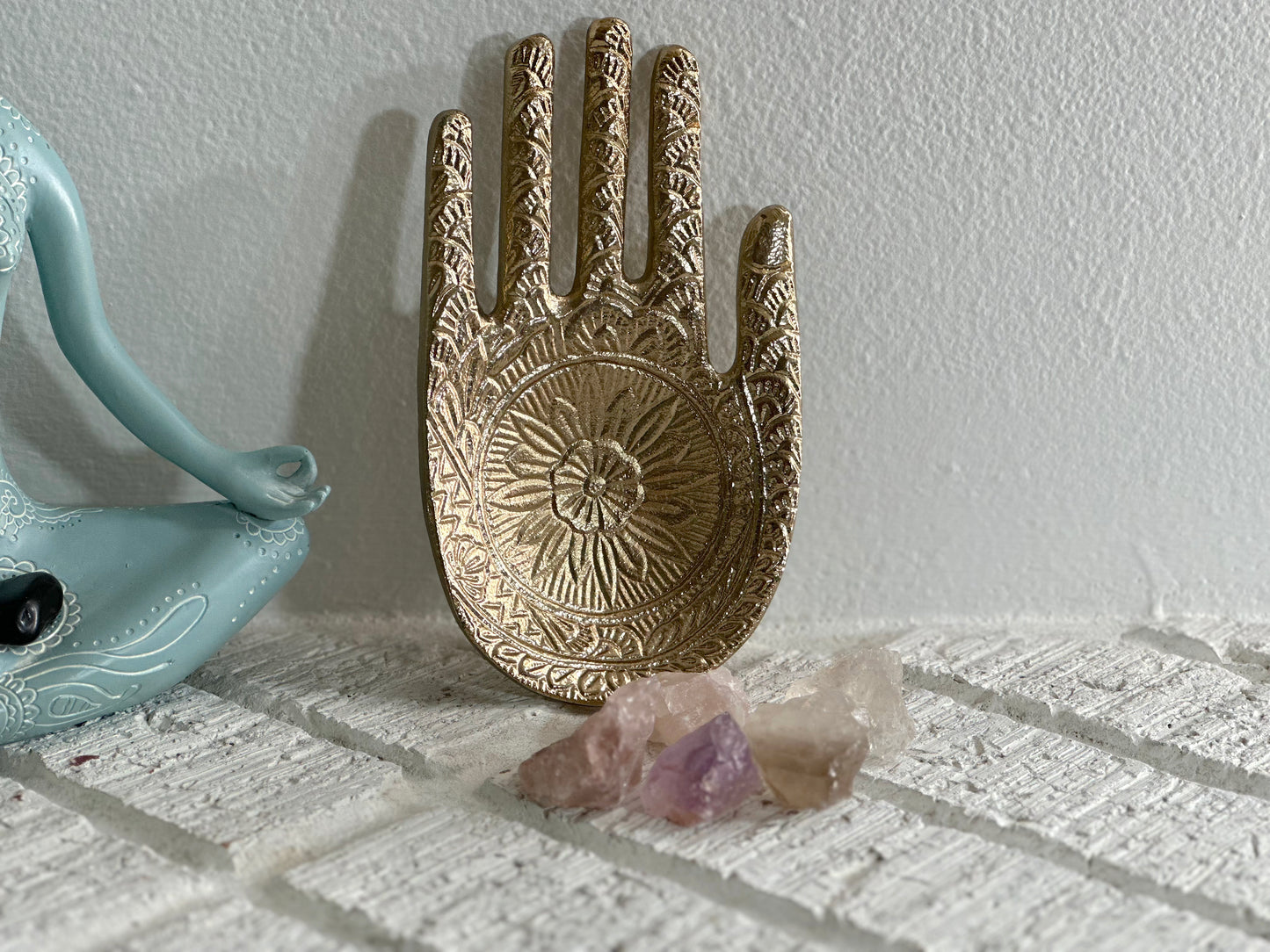 Gold Metal Hand Trinket Dish and Quartz Crystals