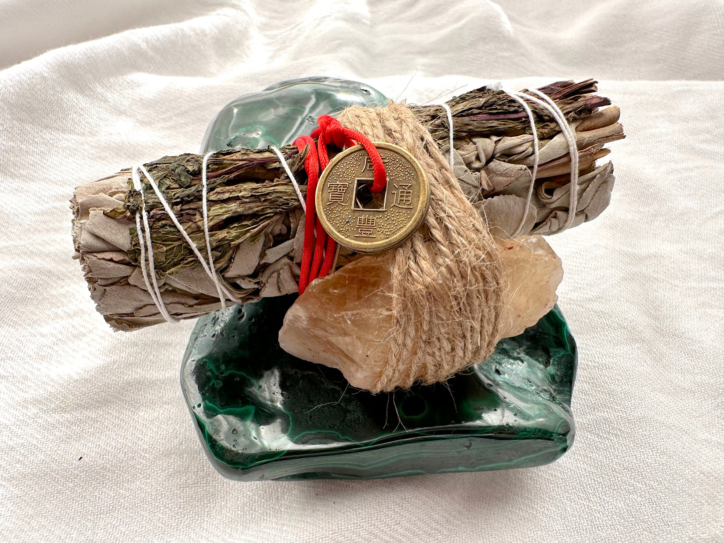 Prosperity Smudge Kit: Peppermint & White Sage Bundle w/ Citrine crystal