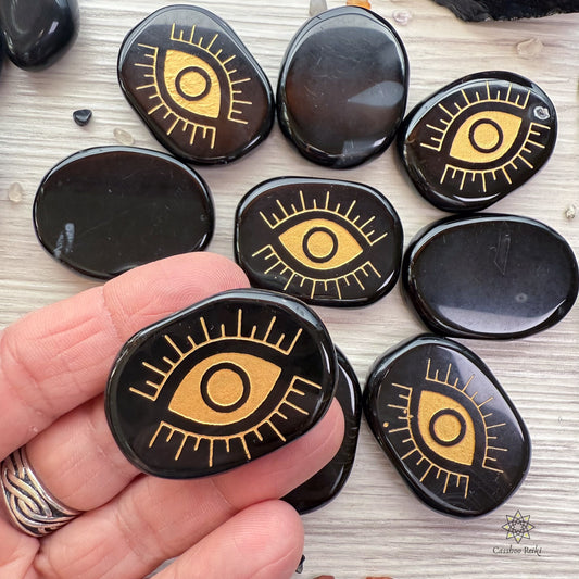 Third Eye in Obsidian, Engraved Palm Stone | Crystal for Protection and Negative Thinking