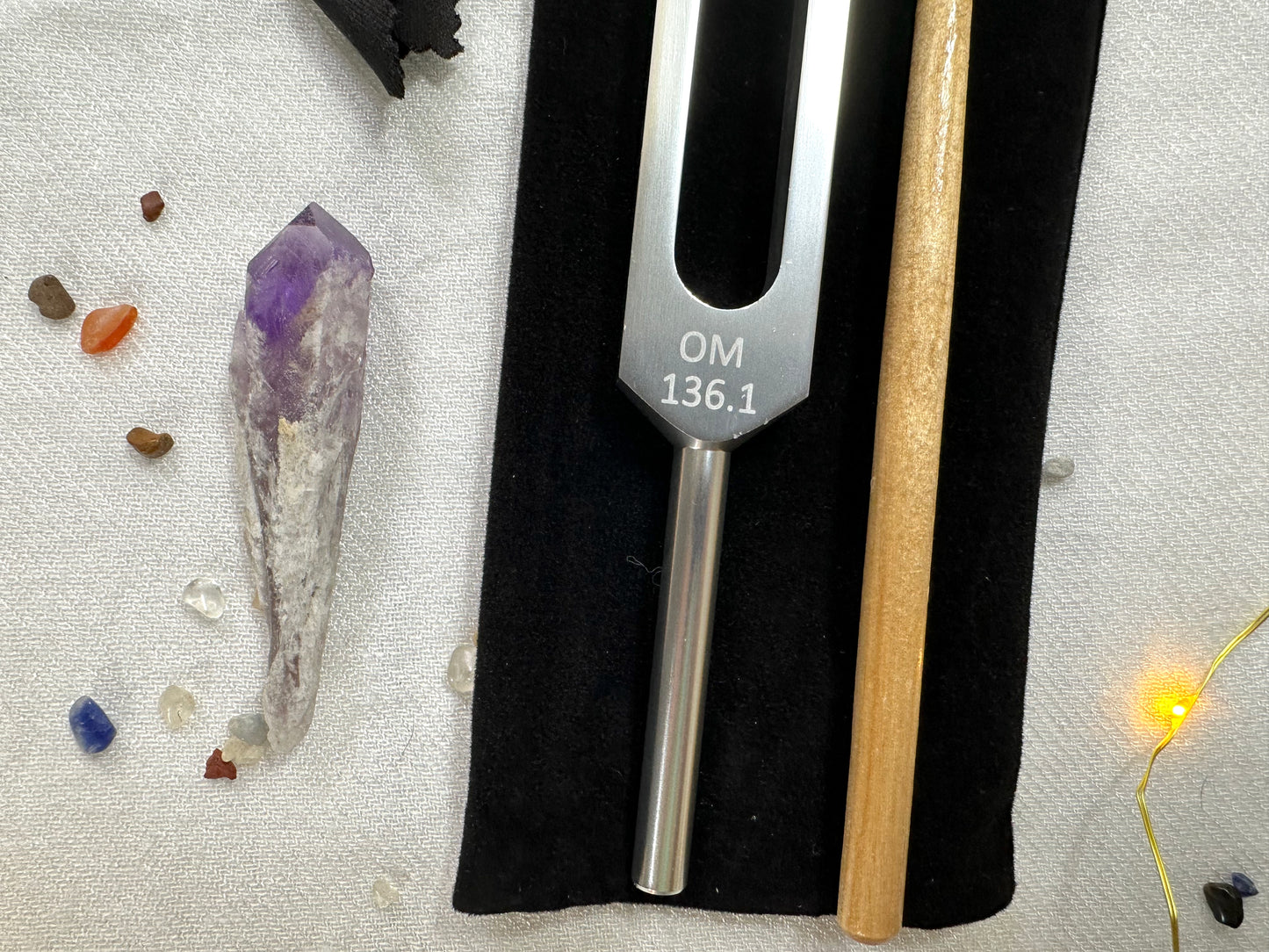 aluminum 136.1 Hz tuning fork, with amethyst crystal point, mallet and mala-printed cleaning cloth. OM Frequency