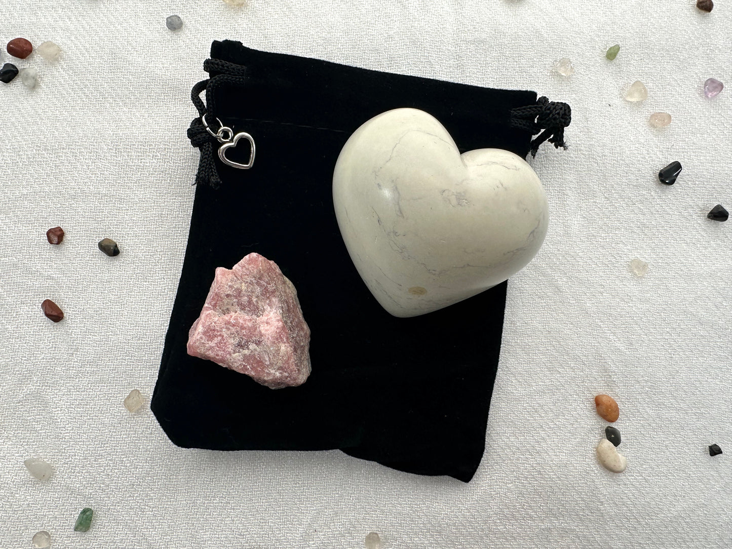 LOVE CELEBRATIONS. Universal Love Rhodocrosite crystal and Palm Stone Set