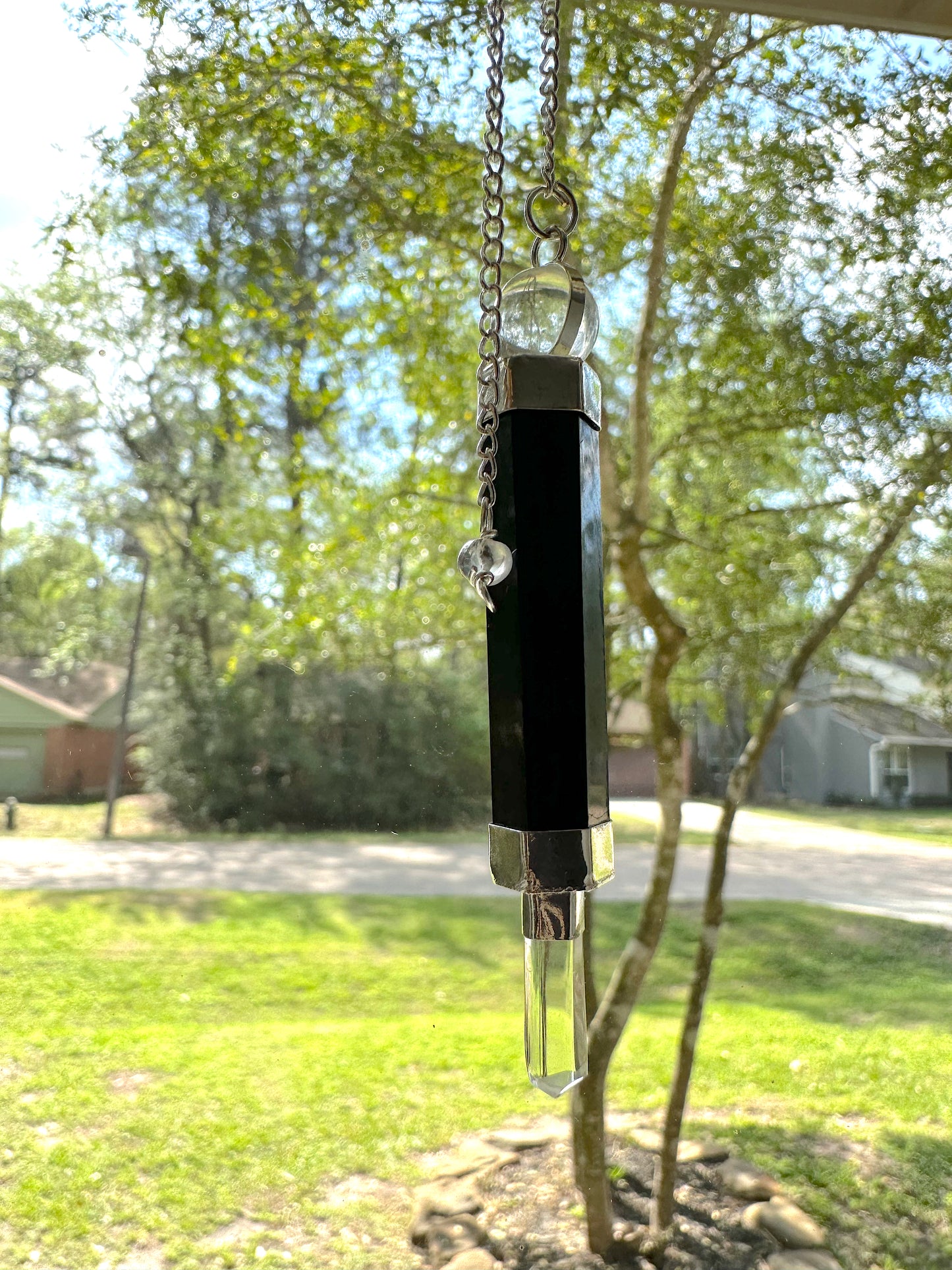 Shungite and Clear Quartz Pendulum Wand with Wooden Bowl