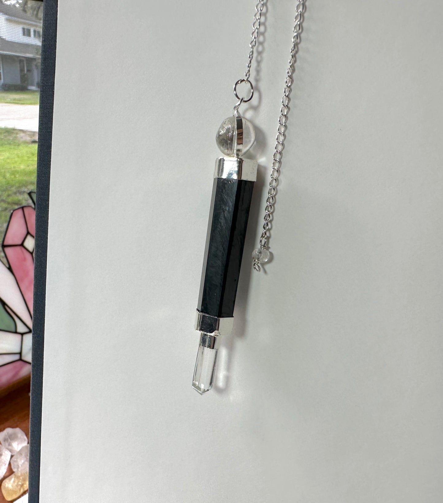 Shungite and Clear Quartz Pendulum Wand with Wooden Bowl