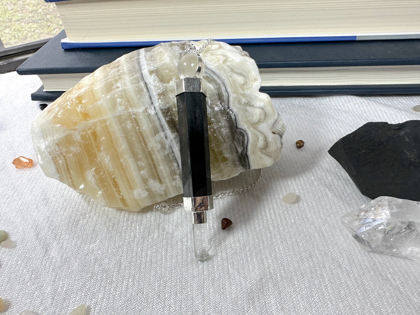 Shungite and Clear Quartz Pendulum Wand with Wooden Bowl