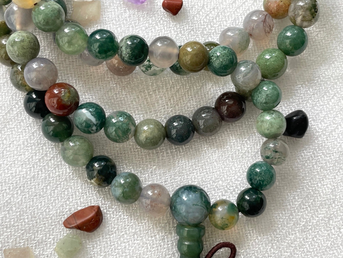 Indian Agate 108 Prayer Beads Necklace and Wrist Mala. Elastic