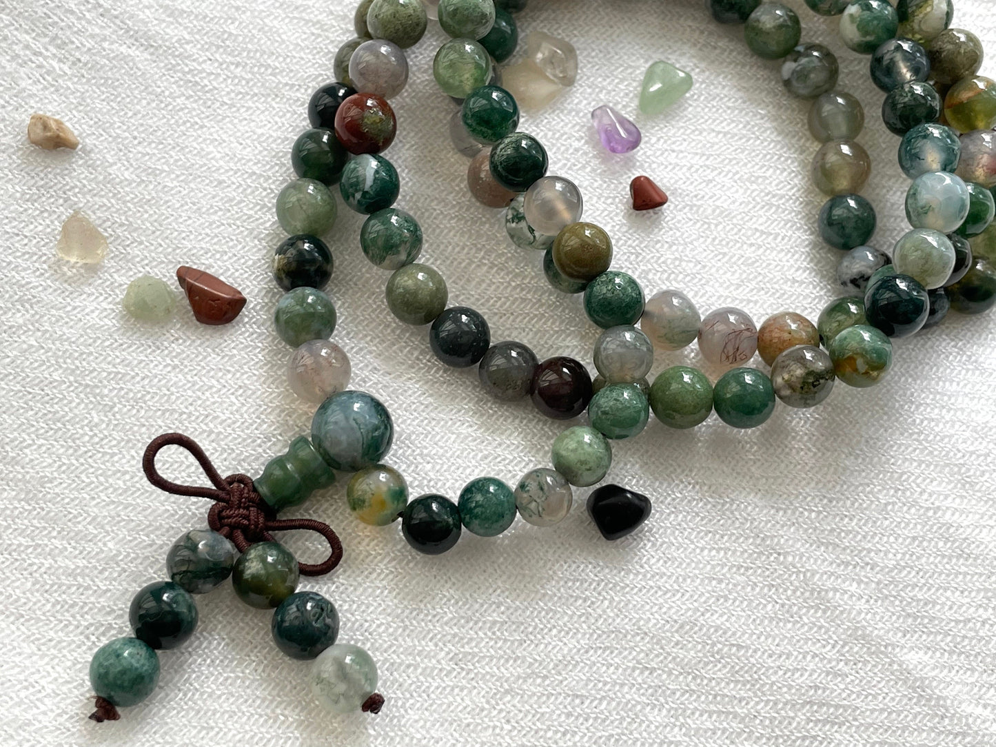 Indian Agate 108 Prayer Beads Necklace and Wrist Mala. Elastic