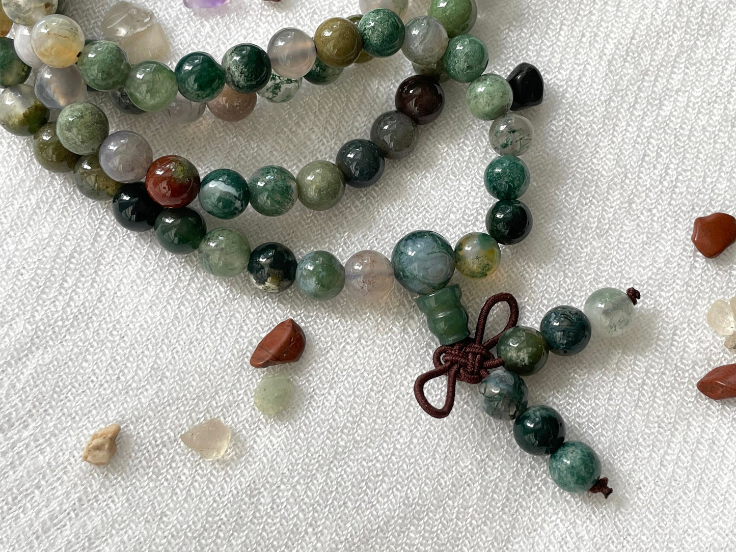 Indian Agate 108 Prayer Beads Necklace and Wrist Mala. Elastic