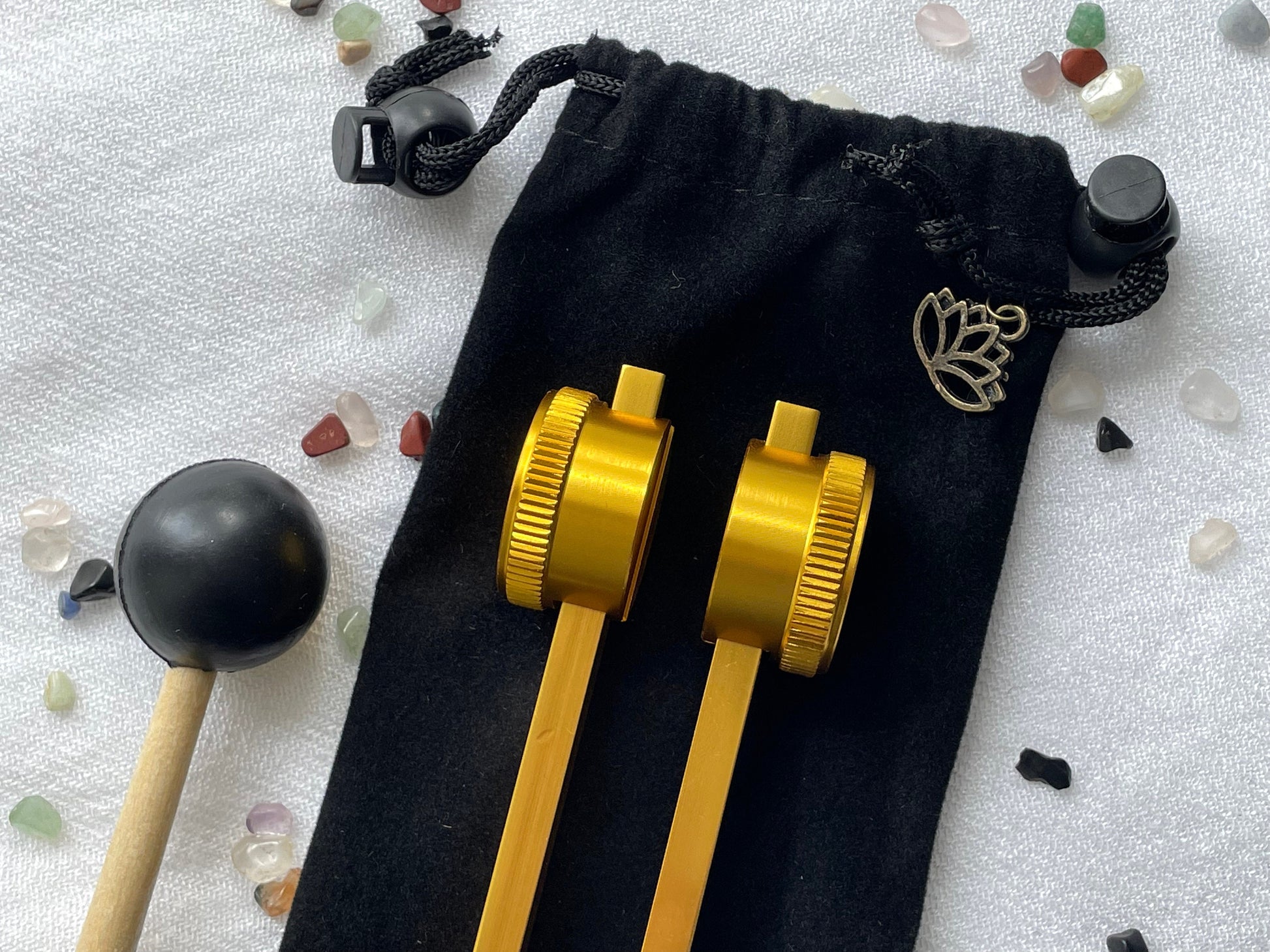 Weighted 128 Hz C note Aluminum tuning fork with mallet and string bag for storage