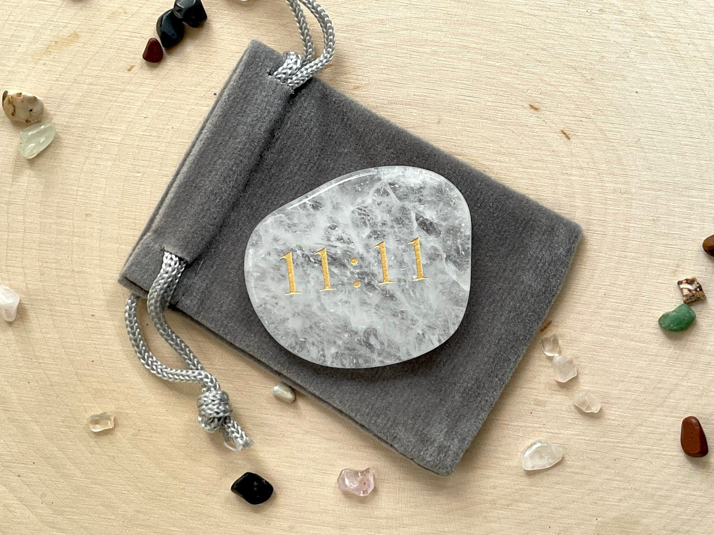 Clear Quartz palm stone. Flat palm stone with 11:11 engraved in gold. Included a mini velvet bag