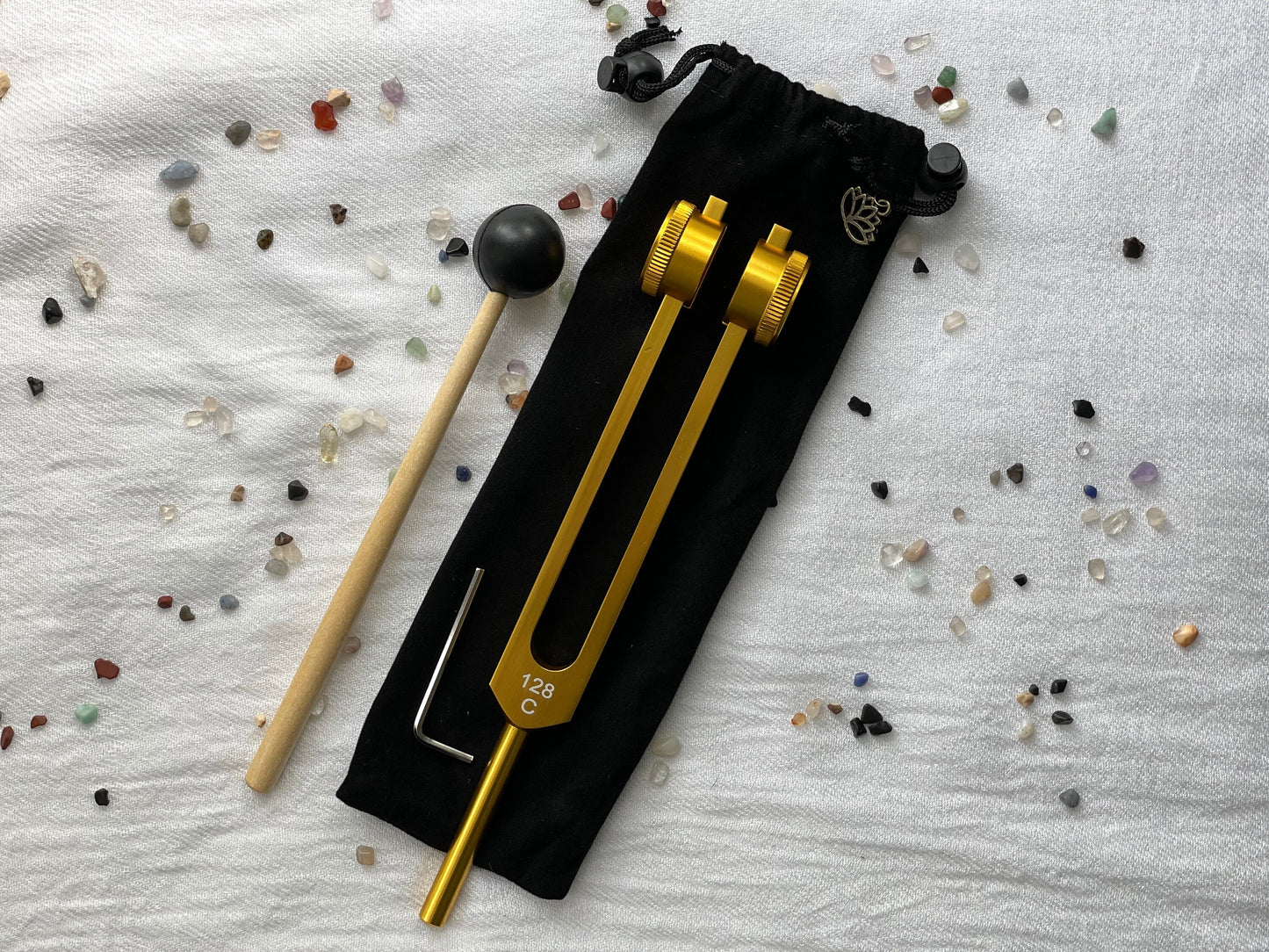 Weighted 128 Hz C note Aluminum tuning fork with mallet and string bag for storage