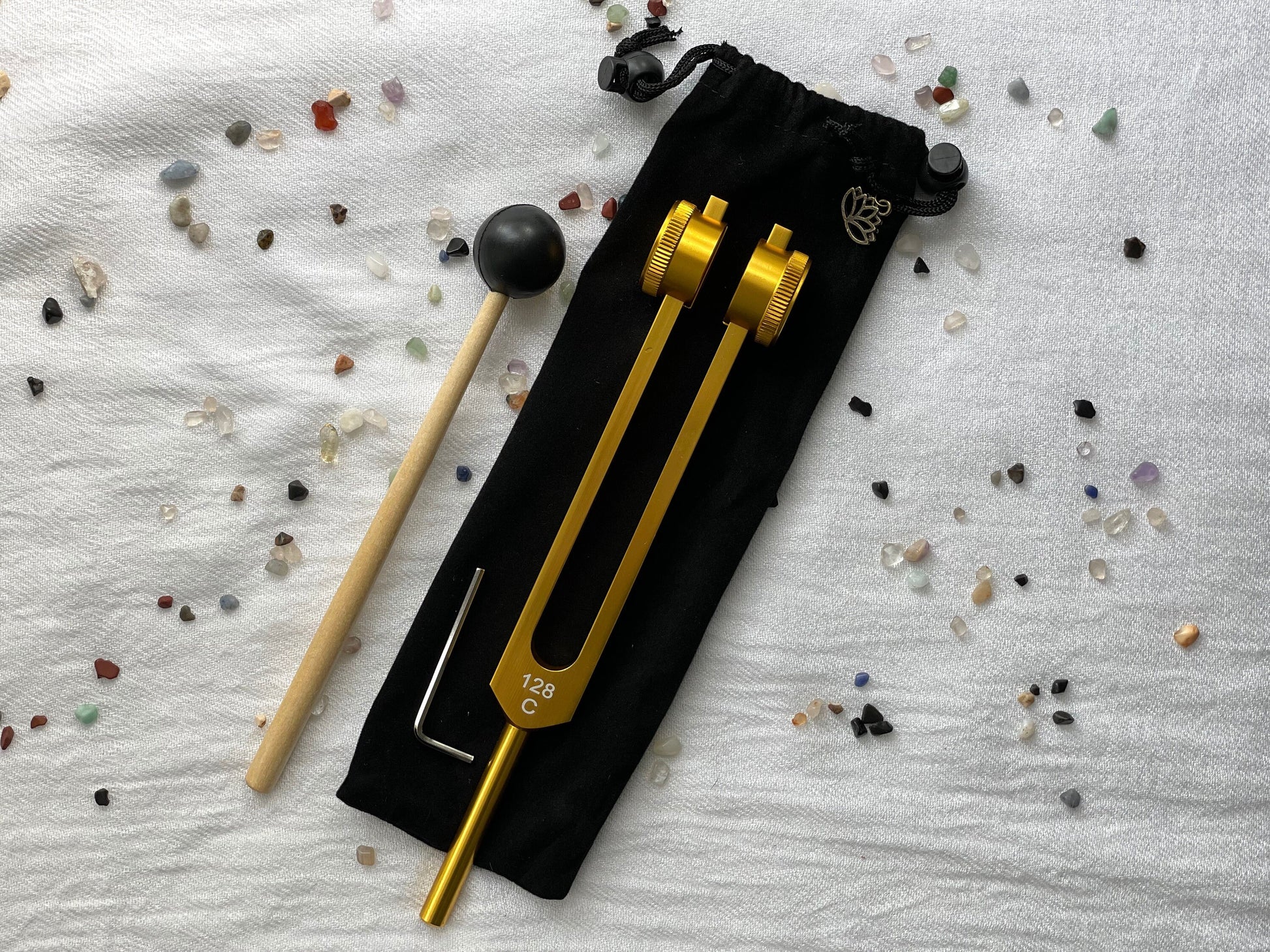 Weighted 128 Hz C note Aluminum tuning fork with mallet and string bag for storage