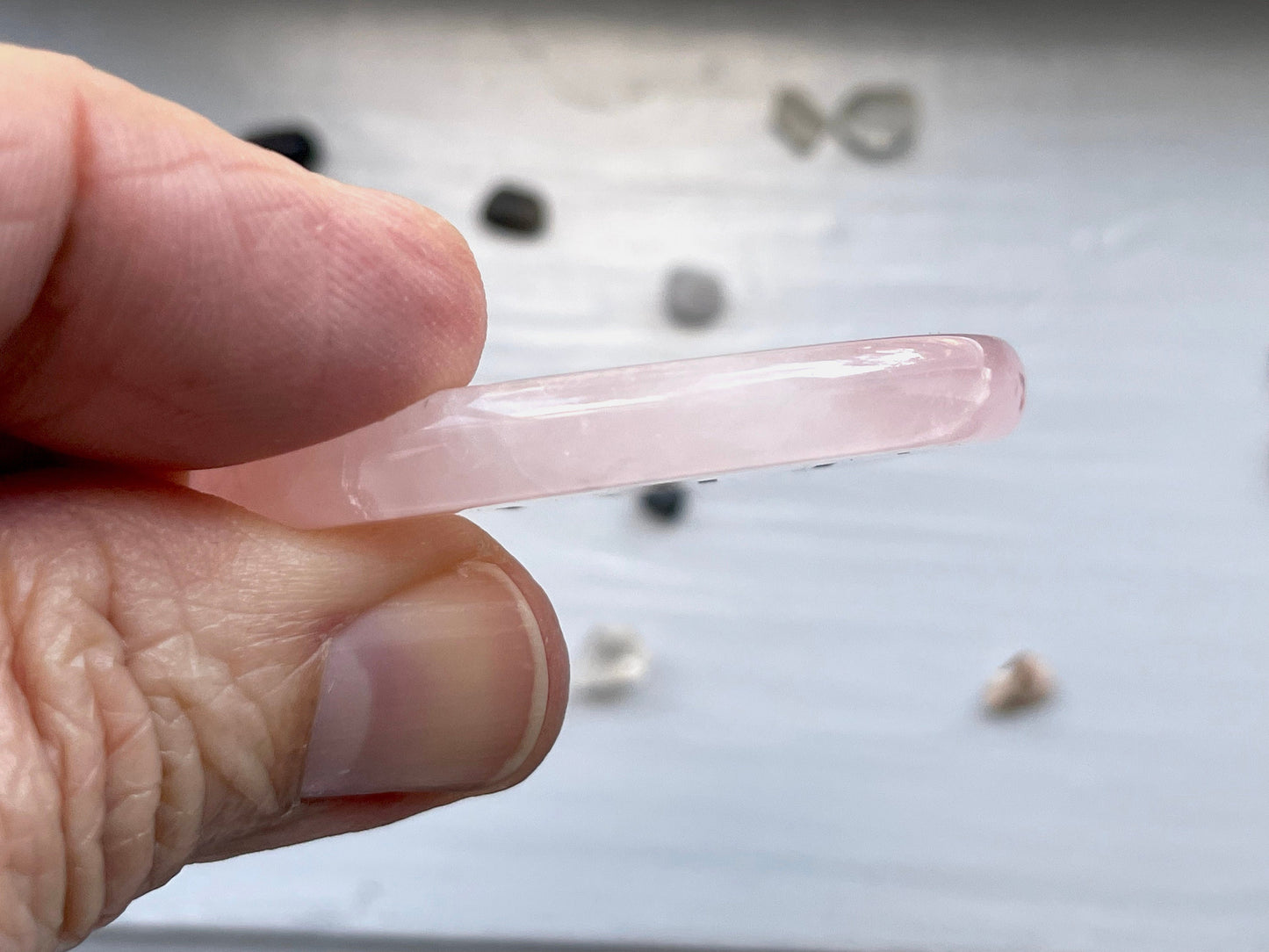 Rose Quartz palm stone. Flat palm stone with 11:11 engraved in silver. Flat on both sides, 1/4 inch thickness