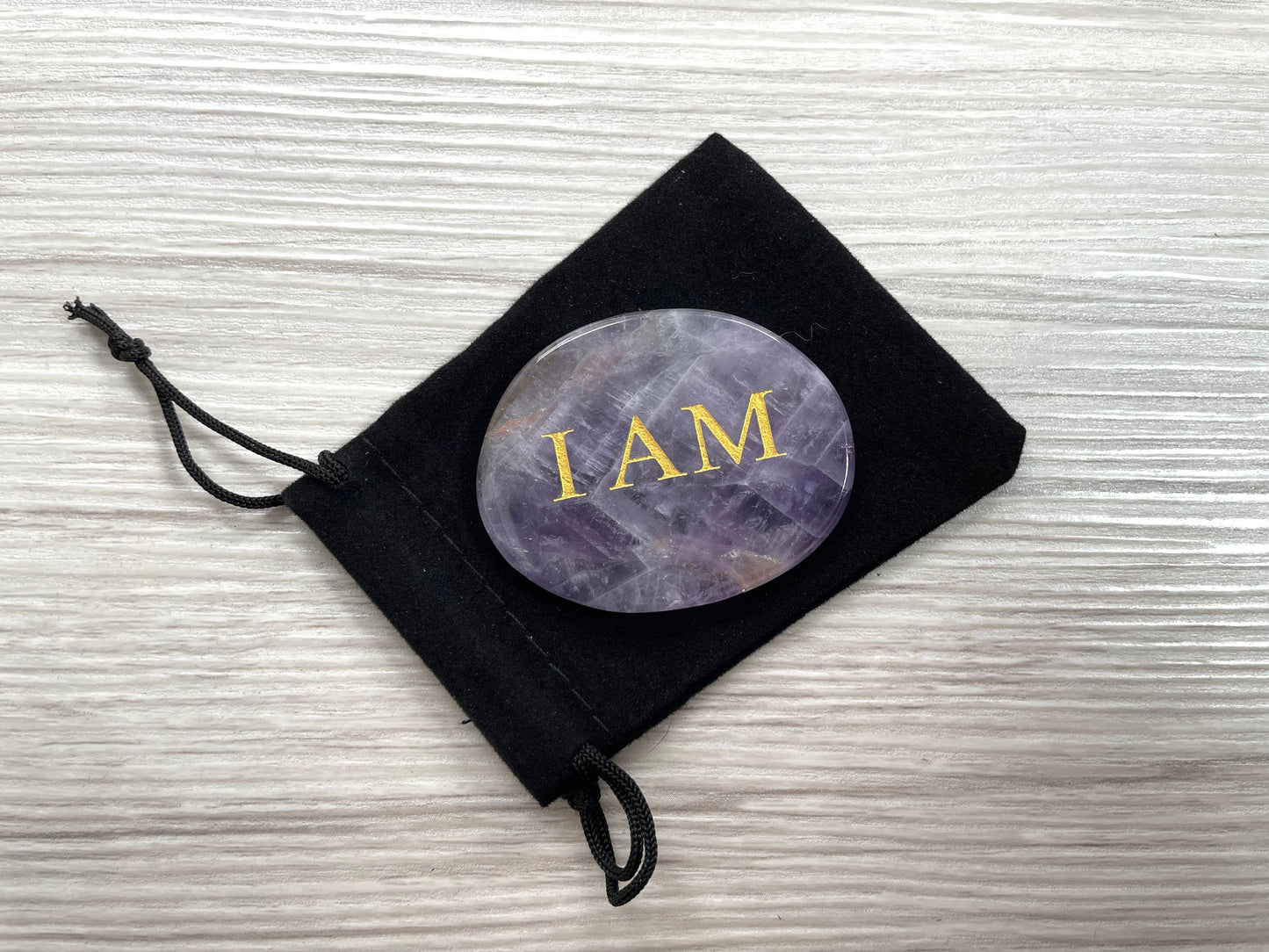 I AM Mantra in Chevron Amethyst | Engraved Palm Stone | Crystal Pocket Stone | Aries Zodiac Mantra Stone | Crown Chakra Mantra Stone