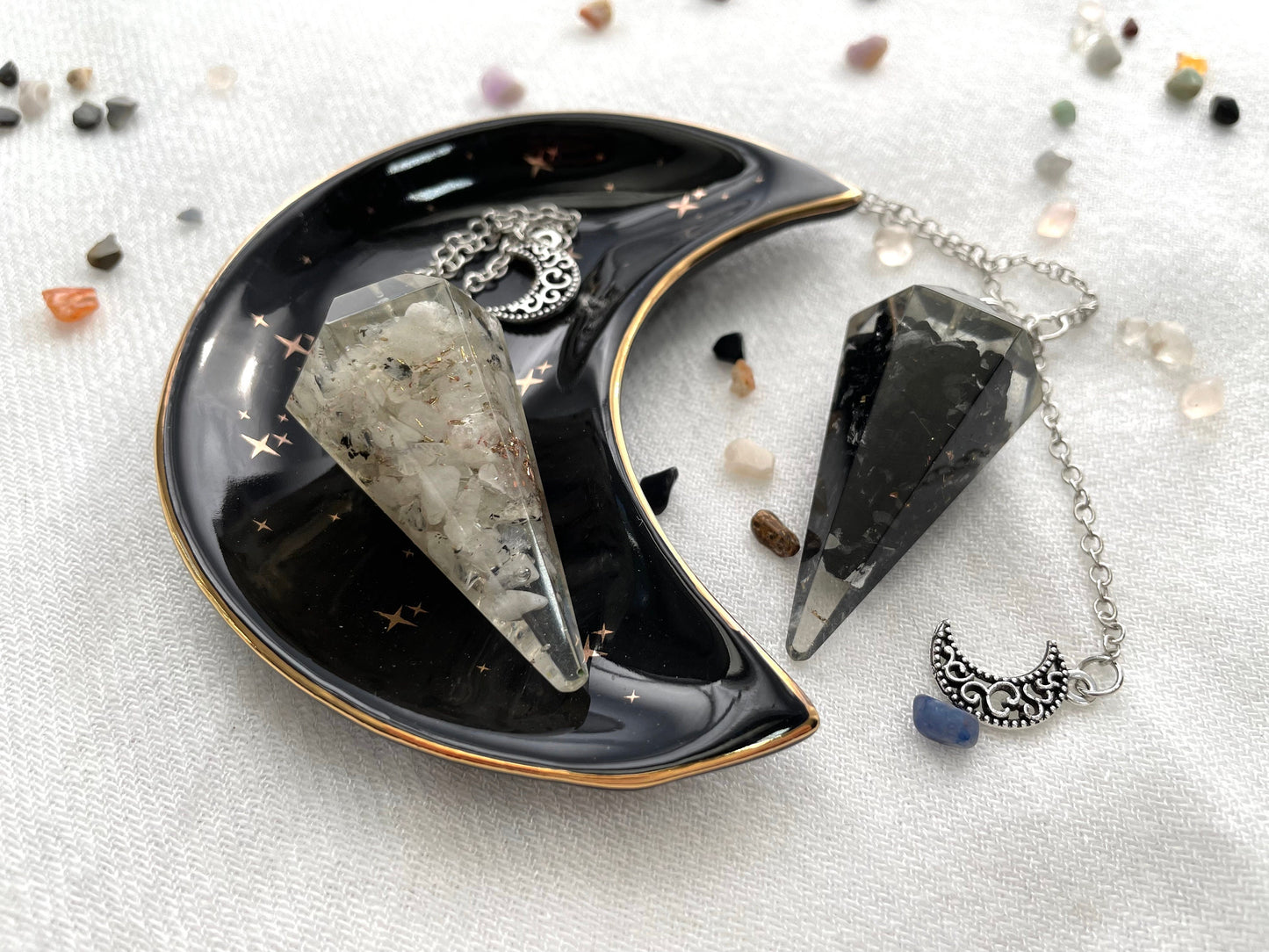 Full Moon/New Moon Orgone Pendulums. Sold by set or separate. Mini wooden bowl included