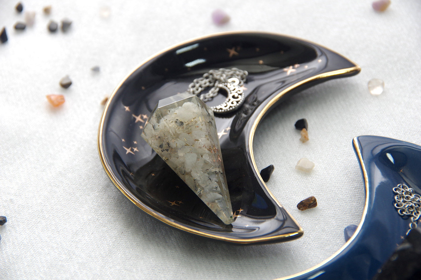 Full Moon/New Moon Orgone Pendulums. Sold by set or separate. Mini wooden bowl included