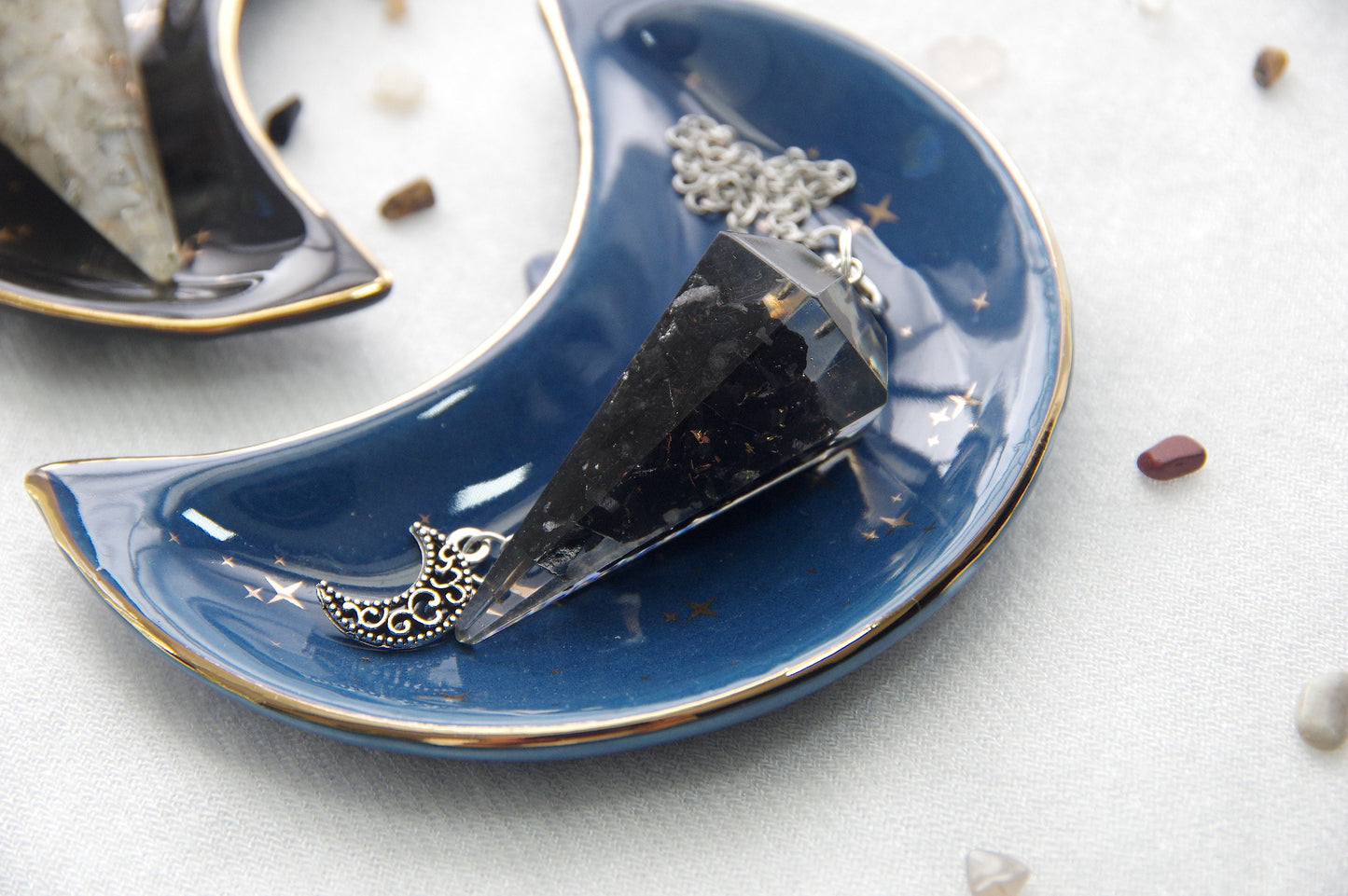 Full Moon/New Moon Orgone Pendulums. Sold by set or separate. Mini wooden bowl included