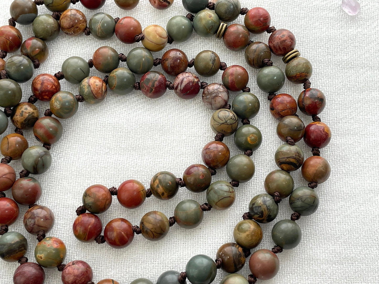 Picasso Jasper 108 Mala Bead Necklace. Knotted