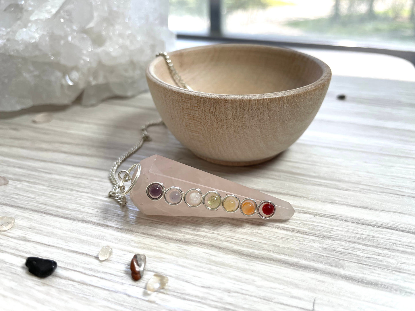 Rose quartz Chakra Pendulum with Bowl. Reiki Infused