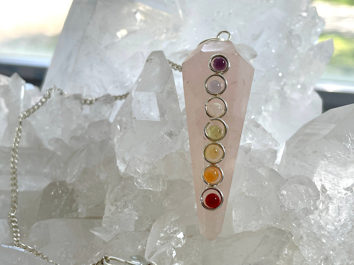 Rose quartz Chakra Pendulum with Bowl. Reiki Infused