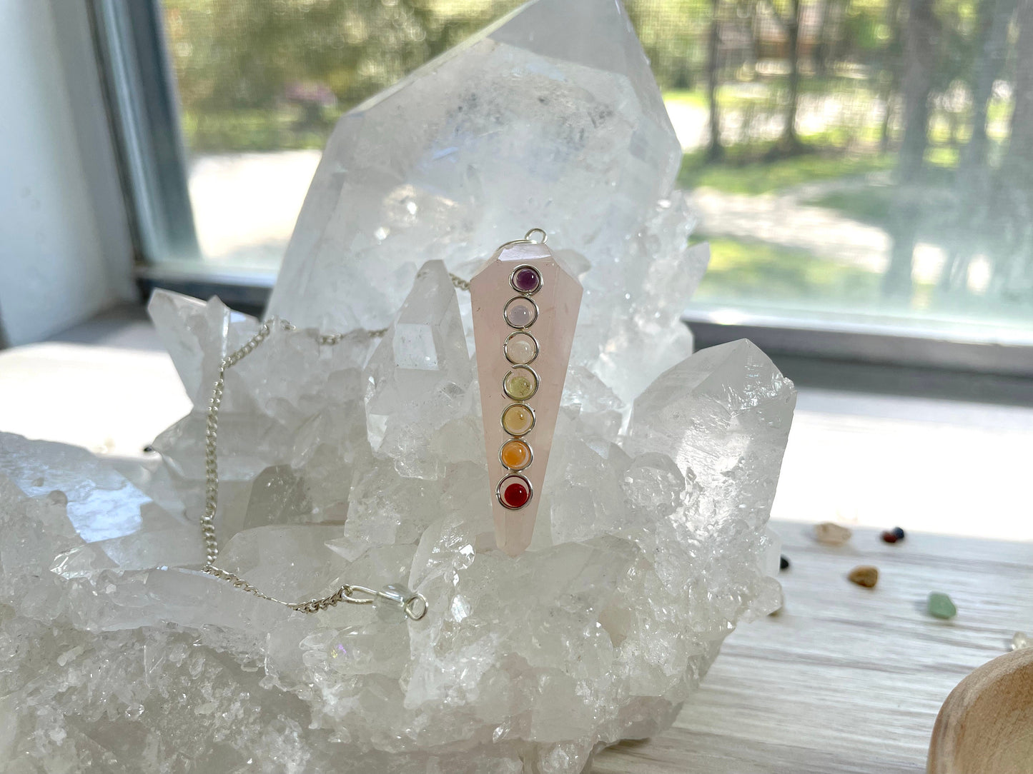 Rose quartz Chakra Pendulum with Bowl. Reiki Infused