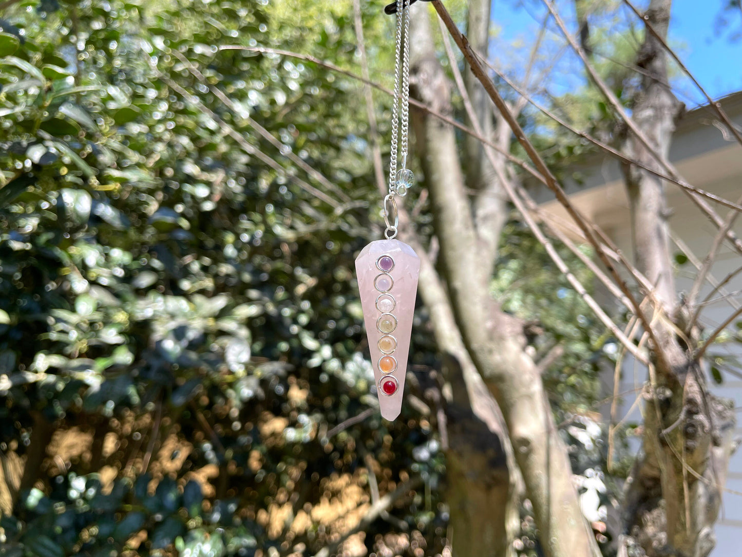 Rose quartz Chakra Pendulum with Bowl. Reiki Infused