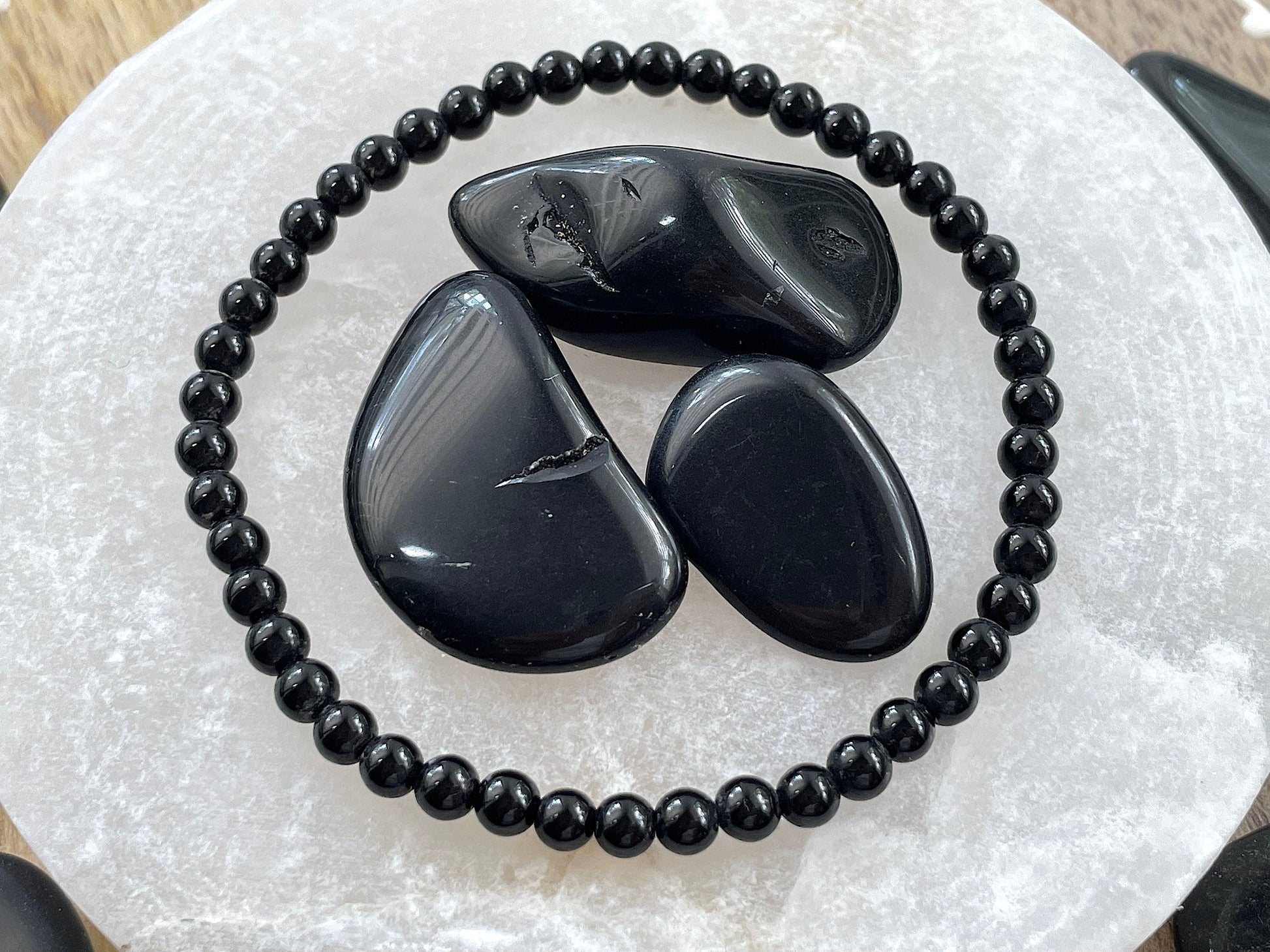 Black obsidian bead bracelet. Black gemstone elastic bracelet