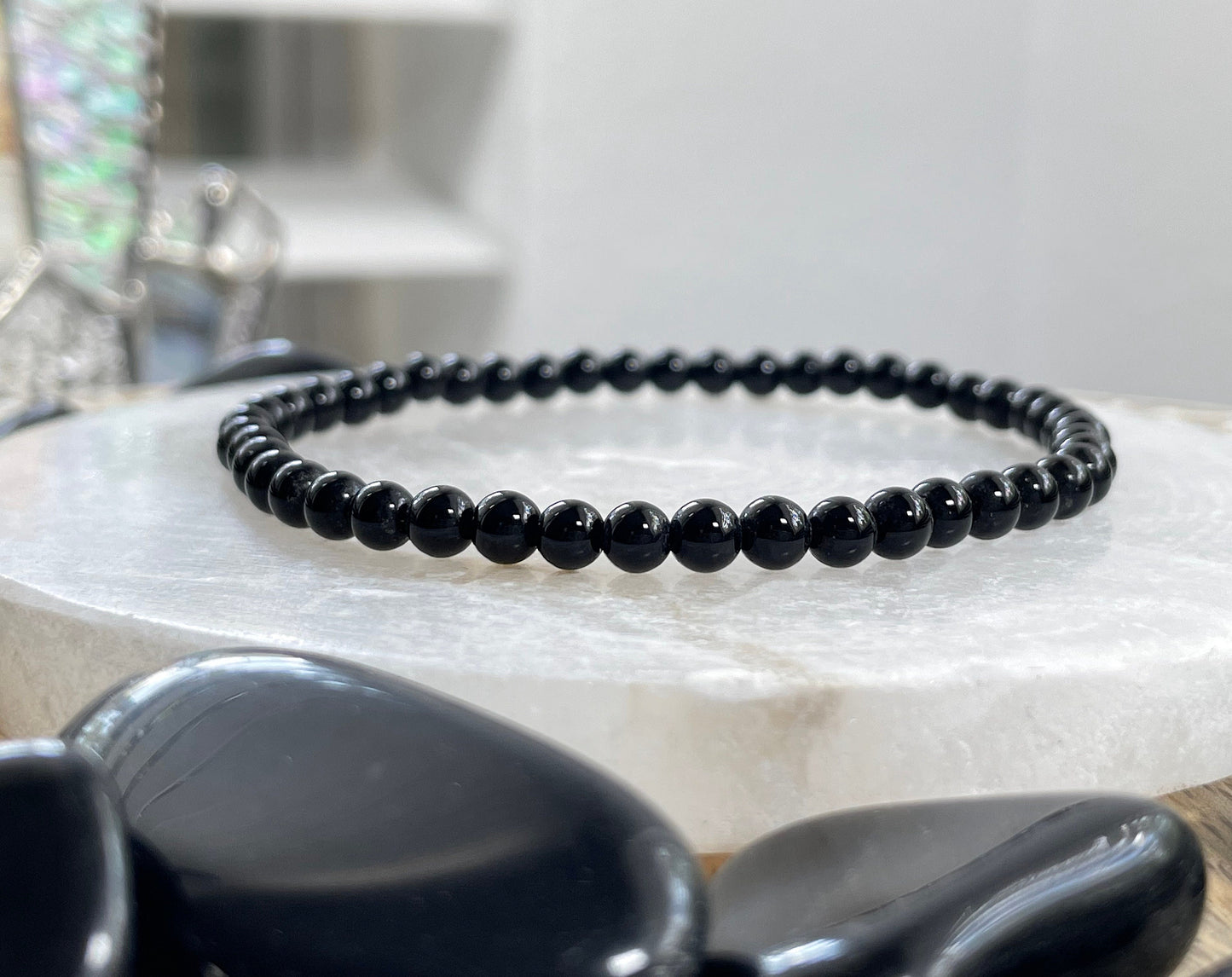 Black obsidian bead bracelet. Black gemstone elastic bracelet