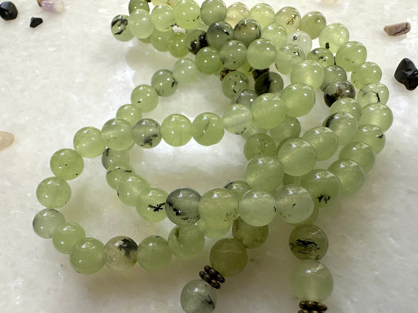 Prehnite Prayer Beads & Wrist Mala. Elastic