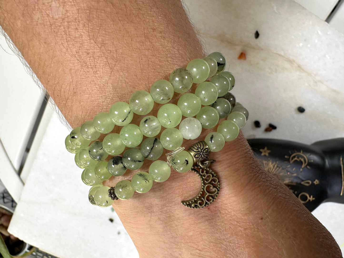 Prehnite Prayer Beads & Wrist Mala. Elastic