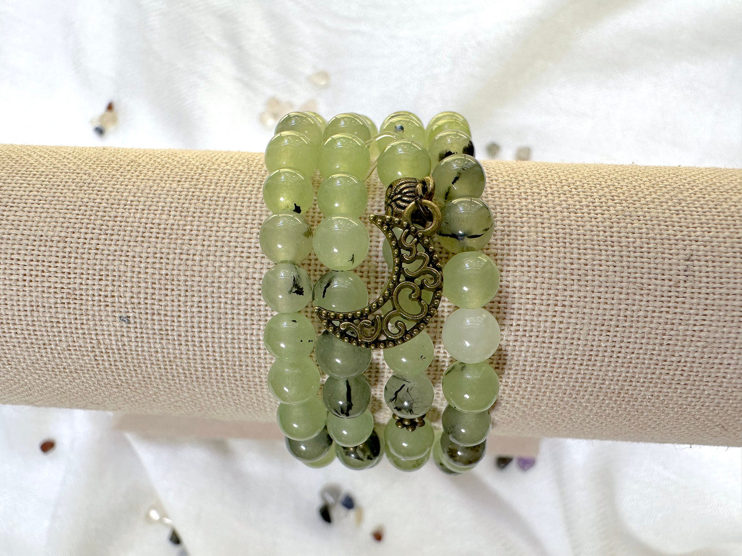 Prehnite Prayer Beads & Wrist Mala. Elastic