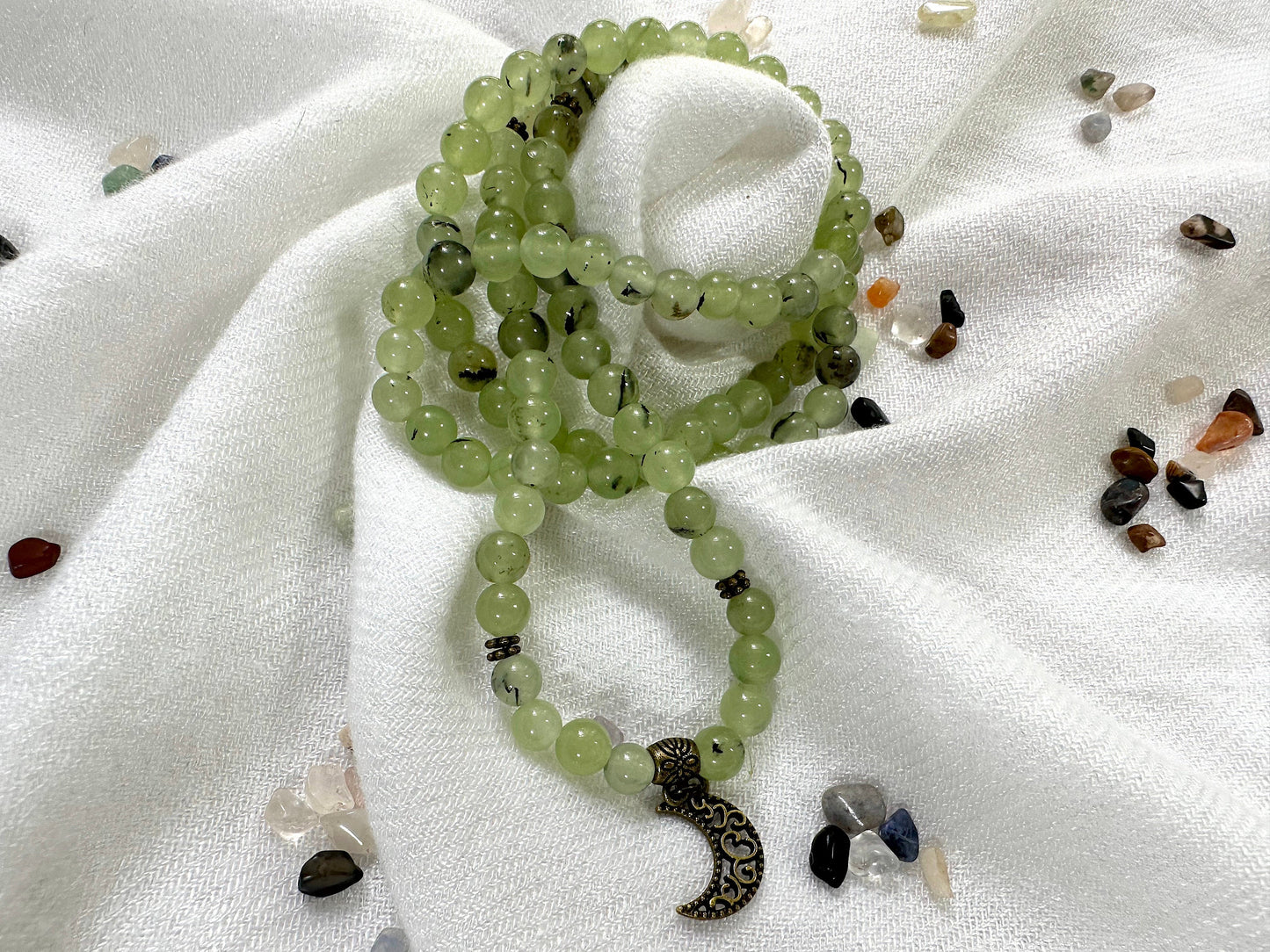 Prehnite Prayer Beads & Wrist Mala. Elastic