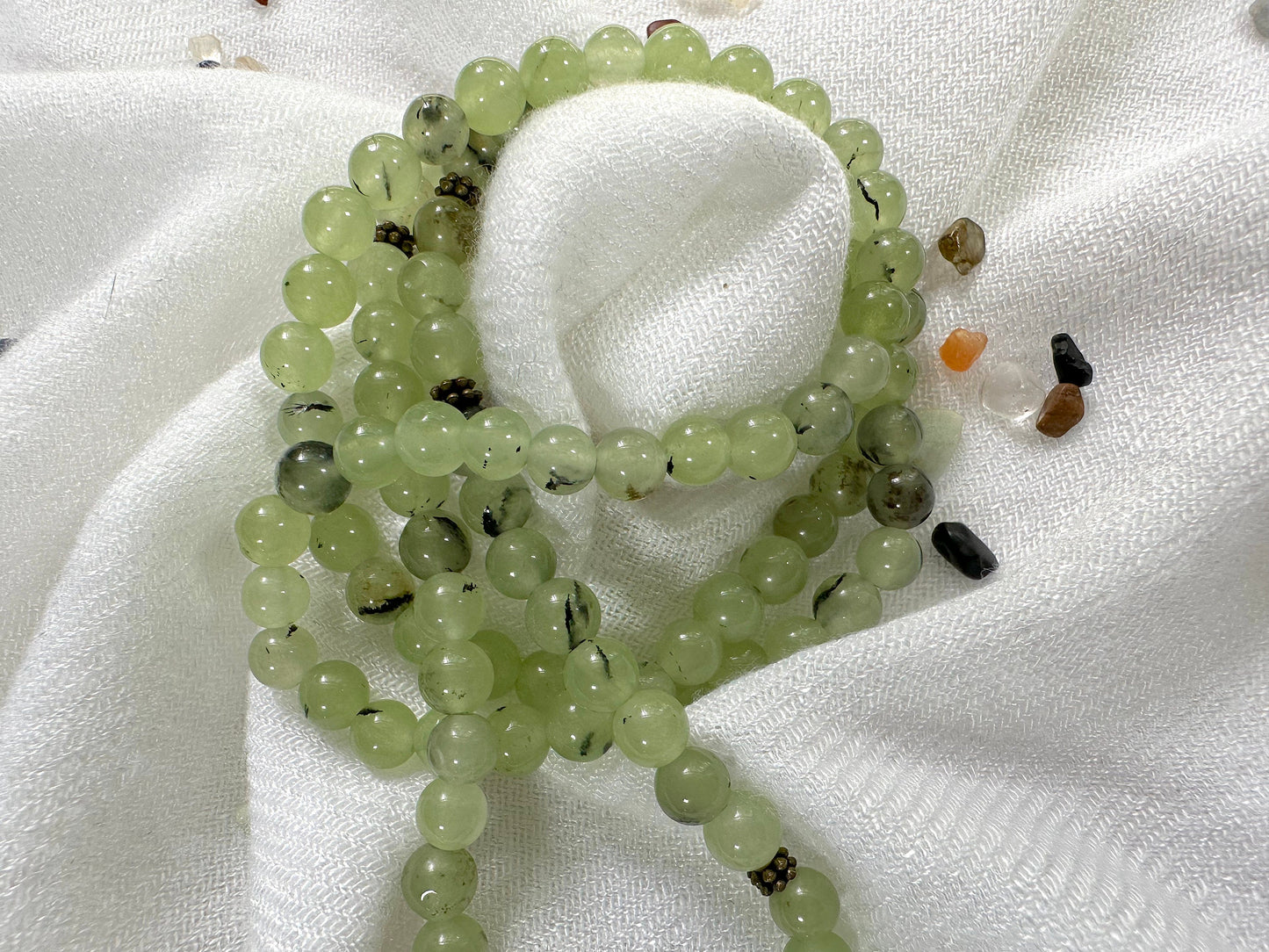 Prehnite Prayer Beads & Wrist Mala. Elastic