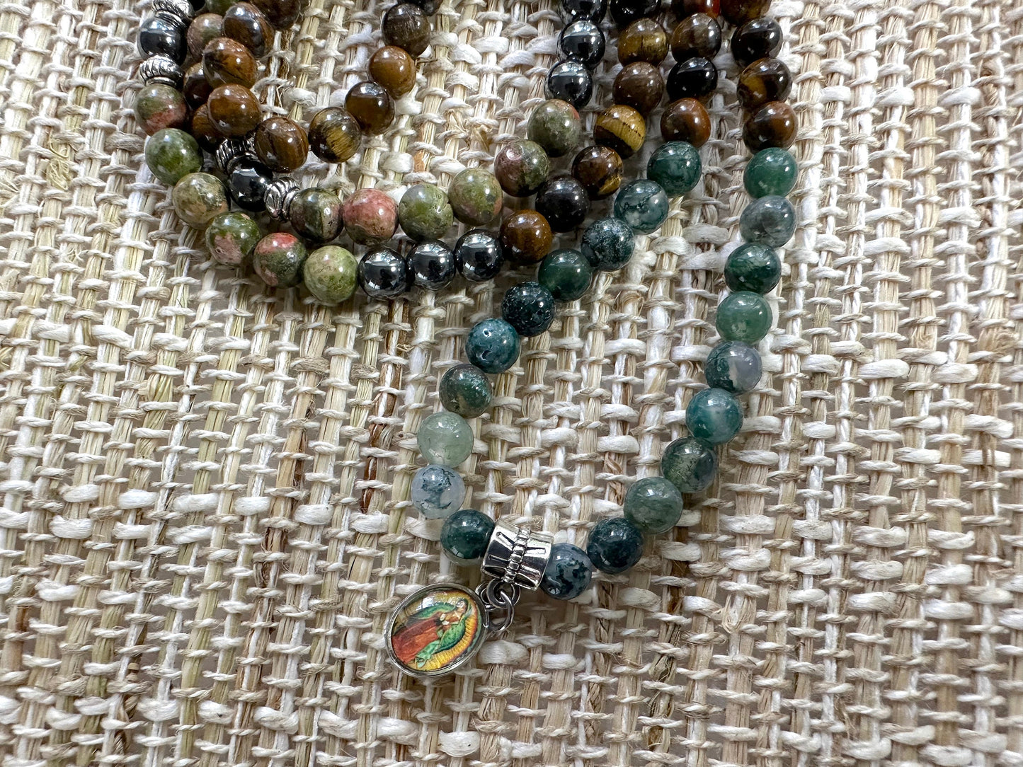 Lady of Guadalupe Gemstone Prayer Necklace and Wrist Mala. Elastic
