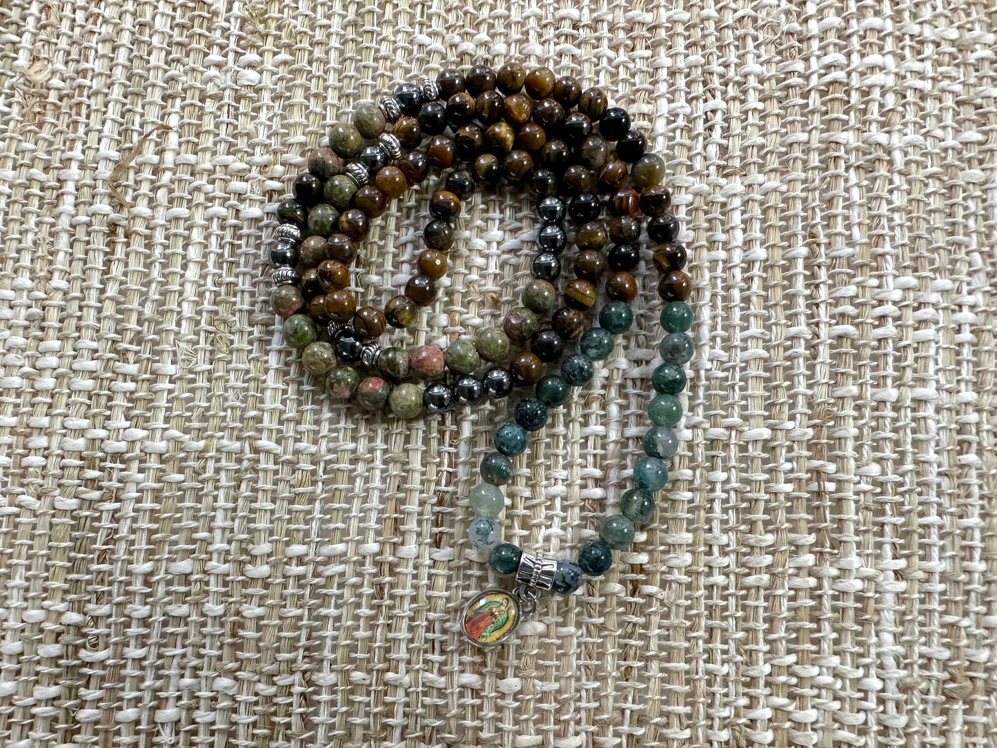 Lady of Guadalupe Gemstone Prayer Necklace and Wrist Mala. Elastic