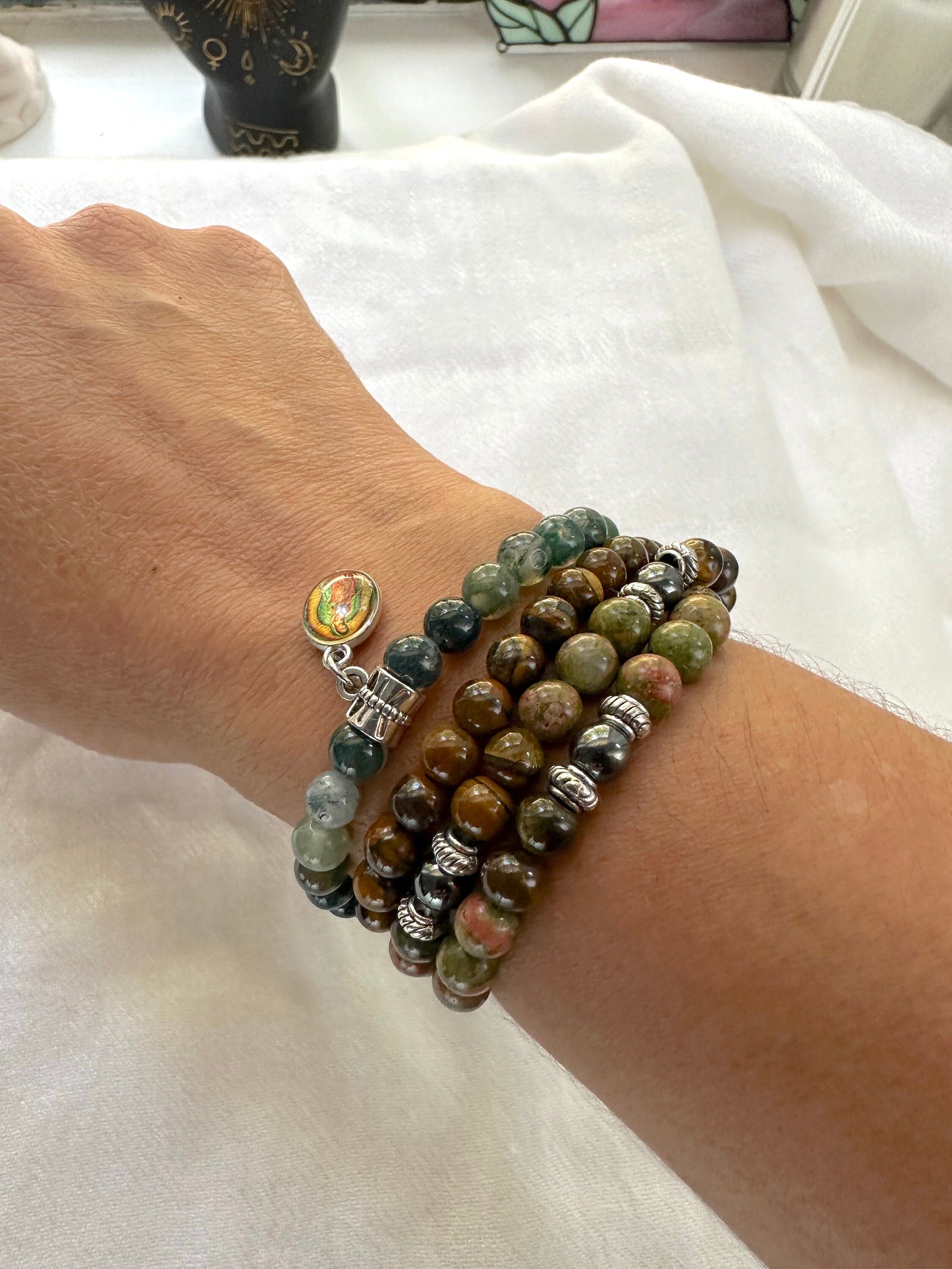 Lady of Guadalupe Gemstone Prayer Necklace and Wrist Mala. Elastic