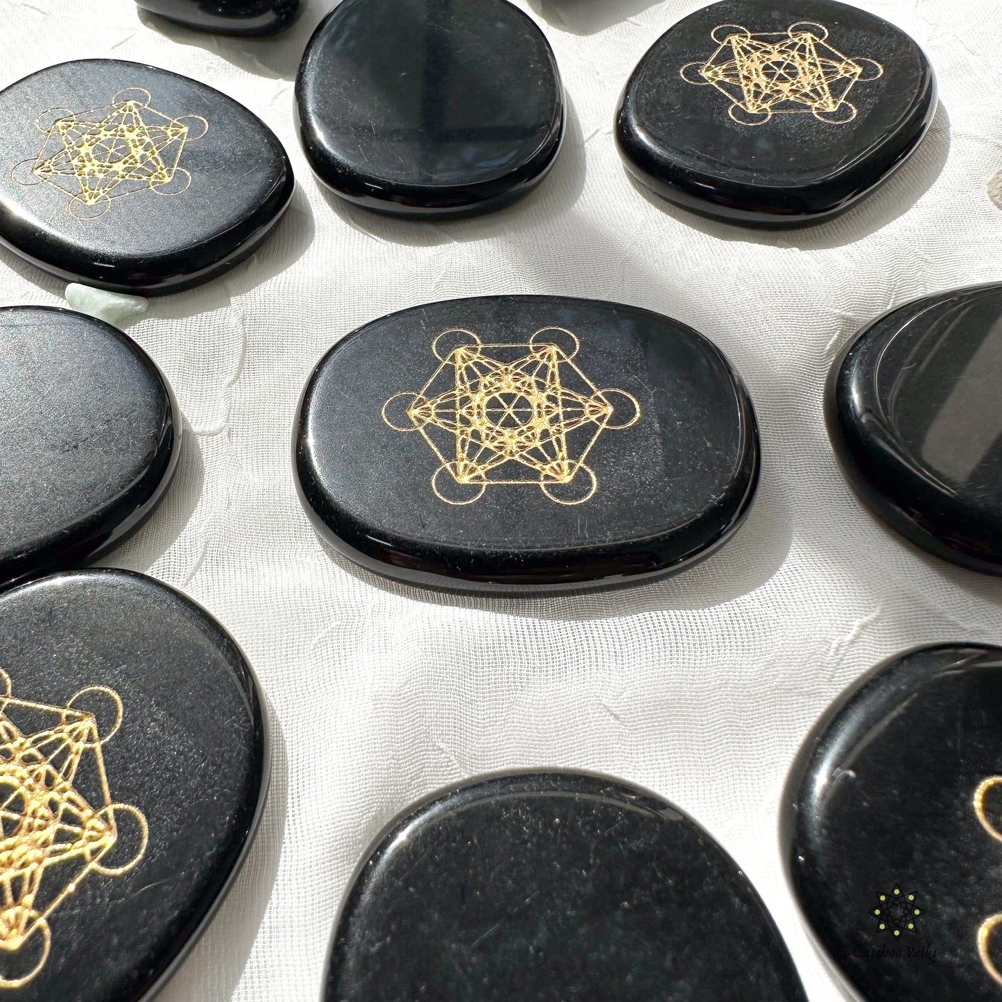 Archangel Metatron Cube etched in Gemstone: Engraved Palm Stone | Etched Crystal Pocket Stone