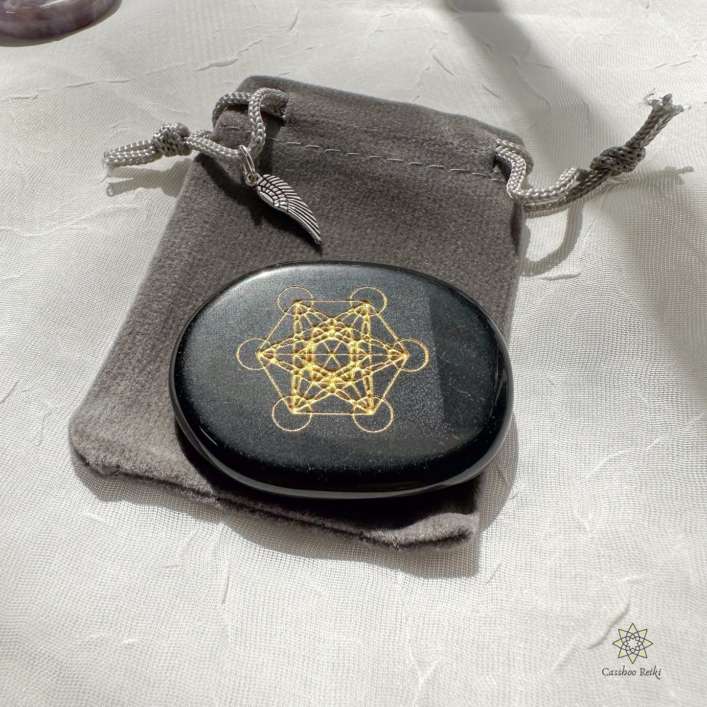 Archangel Metatron Cube etched in Gemstone: Engraved Palm Stone | Etched Crystal Pocket Stone