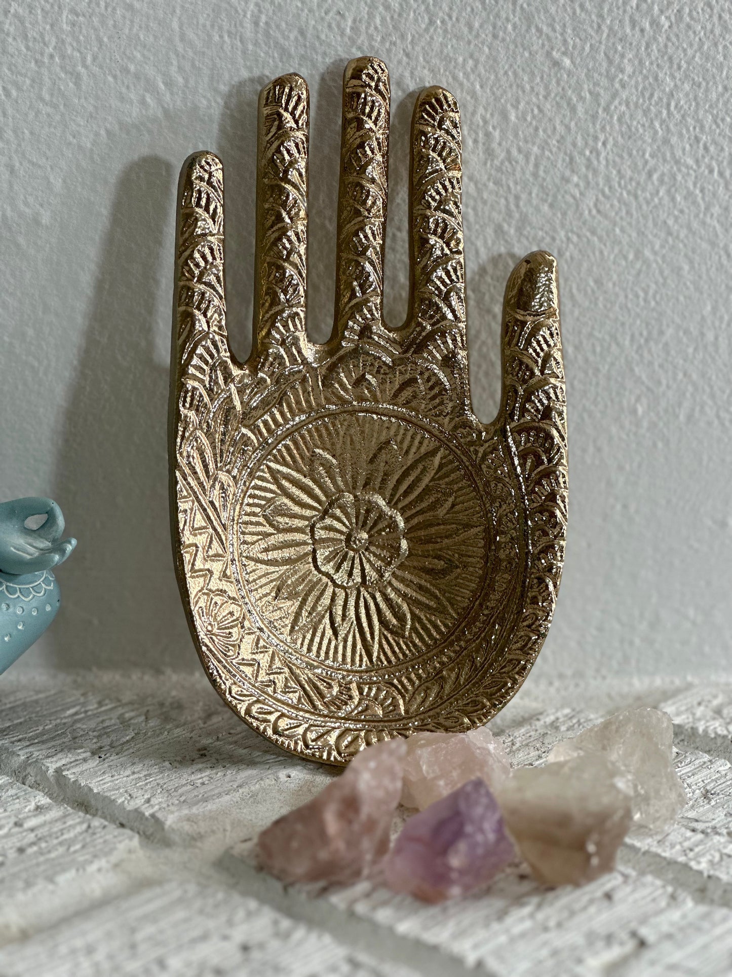 Gold Metal Hand Trinket Dish and Quartz Crystals
