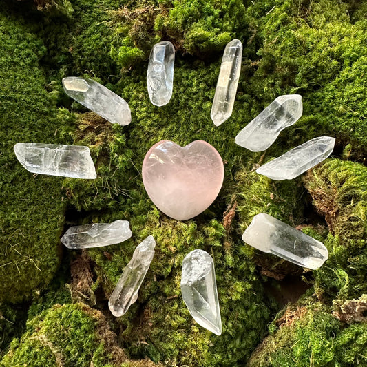 Natural Rose Quartz Heart Palm Stone and Crystal Points for Love Grids | Crystal Carved Stone