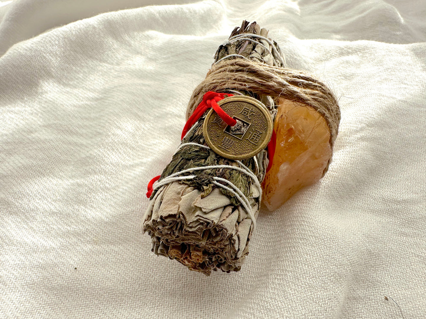 Prosperity Smudge Kit: Peppermint & White Sage Bundle w/ Citrine crystal