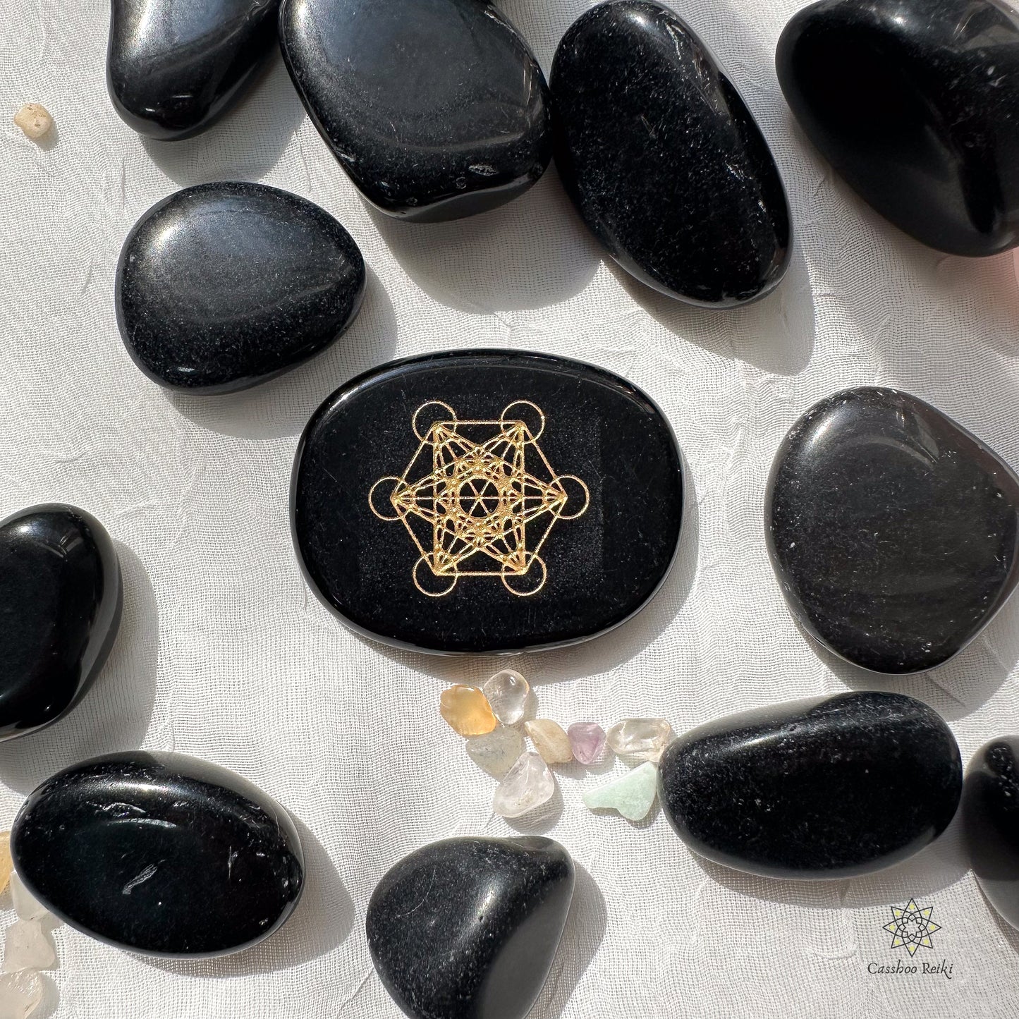 Archangel Metatron Cube etched in Gemstone: Engraved Palm Stone | Etched Crystal Pocket Stone