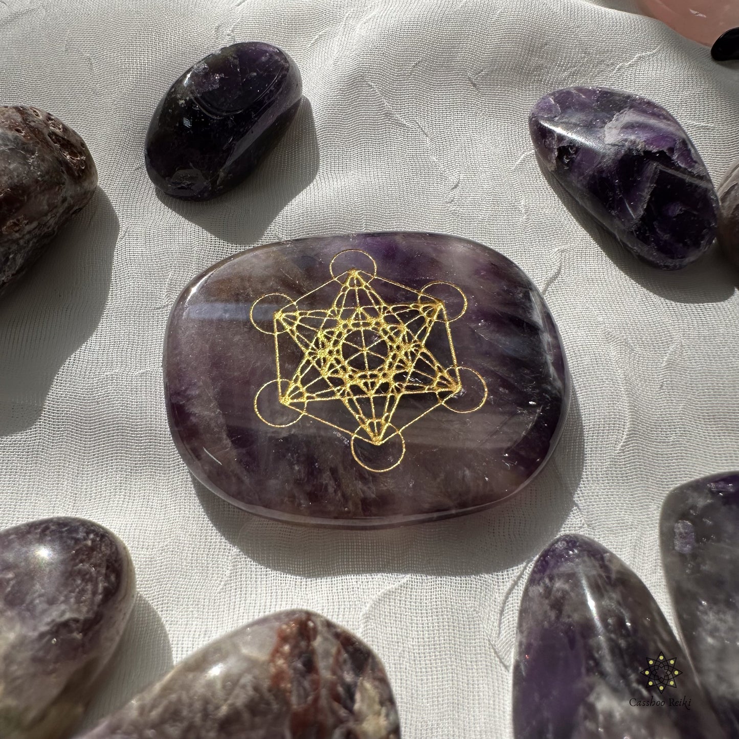 Archangel Metatron Cube etched in Gemstone: Engraved Palm Stone | Etched Crystal Pocket Stone